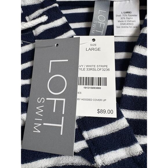 Loft Swim Women's Striped V-Neck Terry Hooded Cover Up Dress Size L Navy NWT - Picture 7 of 10